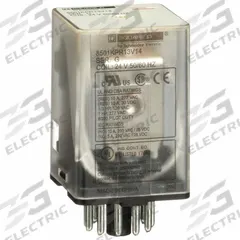 SCHNEIDER General Purpose Relay: Socket Mounted, 10 A Current Rating, 24V AC, 3PDT, B Socket (MPN 8501KPR13V14). Key specifications — Brand: SCHNEIDER; Base Type: Octal; Mounting Style: Socket; Pin Shape: Round; Electrical Connection: 11-Pin Terminal; Manufacturer Part Number: 8501KPR13V14; Series: Square D 8501K Series.