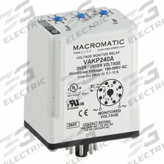 MACROMATIC Voltage Sensing Relay: Socket Mounted, 8 Pins/Terminals, 10 A, 240V AC, Pin (MPN VAKP240A). Key specifications — Drop-Out Range: 75% to 95%; Monitored Parameters: Undervoltage; Brand: MACROMATIC.