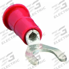 3M Fork Terminals: Red, Vinyl, #10 Stud Size, 22 AWG – 18 AWG Wire Range, Std Fork, 1,000 V (MPN MVU18-10FX). Key specifications — Barrel Style: Butted; Manufacturer Part Number: MVU18-10FX; Brand: 3M; Series: TR.
