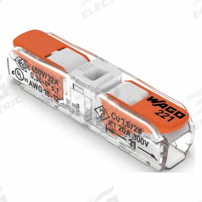 WAGO Lever Wire Connector: 2 Port, 20 AWG – 12 AWG Solid Wire Size Range, 32 A - In-Line Lever Wire Connectors
