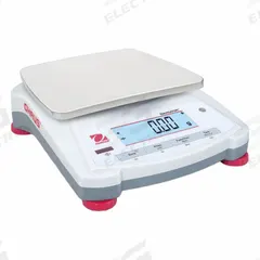 OHAUS Industrial Balance: AC Adapter, 7 1/2 in x 5 3/4 in, Not IP Rated, Not NTEP Rated, Integrated (MPN NV3202 AM). Key specifications — Connection Ports: RS-232; Readability: 0.01 g; Power Source: Battery; Weighing Units: gr; Brand: OHAUS; Washdown: No.