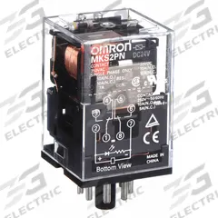 OMRON General Purpose Relay: Socket Mounted, 10 A Current Rating, 24V DC, DPDT, 8 Pins/Terminals (MPN MKS2PNDC24). Key specifications — Brand: OMRON; Base Type: Octal; Mounting Style: Plug-In; Pin Shape: Round; Electrical Connection: Plug-In; Manufacturer Part Number: MKS2PNDC24; Operating Current: 10 A at 30V DC (Resistive Load); Series: MK-S Series.