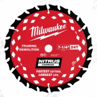 MILWAUKEE Circular Saw Blade: 7 1/4 in Blade Dia., 24 Teeth, 0.08 in Cut Wd, 5/8 in Arbor Size, 2 PK (MPN 48-40-0752). Key specifications — attr1116119: MILWAUKEE; attr1145631: Wet Lumber.
