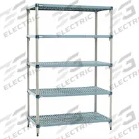 METRO Shelf Plastic Industrial Shelving (5): 18 in x 72 in, 74 in Overall Ht, 5 Shelves (MPN 5Q377G3). Key specifications — Resistance Properties: Antimicrobial; Shelf Adjustment Type: Quick-Adjust; Frame Material: Steel; Shelving Material: Steel; Brand: METRO.
