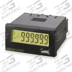 OMRON Hour Meter: Front Panel Mounting, Digital, 1 7/8 in x 1 7/8 in, 0 V DC – 0.5 V, UL, LCD, 4 (MPN H7ET-N-B). Key specifications — Mounting Style: Flush; Standards: UL; Bezel Face Shape: Rectangular; NEMA Enclosure Rating: 4; Brand: OMRON; Manufacturer Part Number: H7ET-N-B; Meter Type_Broad: Digital.