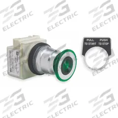 SCHNEIDER Mushroom Head Push Button: Green, 30 mm Mounting Size, Metallic, Maintained (MPN 9001KR9P1G). Key specifications — Brand: SCHNEIDER; Action: Maintained; Series: 9001K; Push Button Material Type: Metallic.