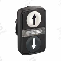 SCHNEIDER ELECTRIC Multihead Operator: Illuminated, 3 Button, Flush Profile, 22 mm Mounting Size (MPN ZB5AW7A1724). Key specifications — Brand: SCHNEIDER; Action: Momentary/Momentary/Momentary; Head/Lens Color: (2) White; Legend: Down Arrow; Series: XB5; Push Button Material Type: Non-Metallic.