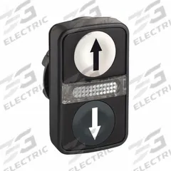 SCHNEIDER ELECTRIC Multihead Operator: Illuminated, 3 Button, Flush Profile, 22 mm Mounting Size (MPN ZB5AW7A1724). Key specifications — Brand: SCHNEIDER; Action: Momentary/Momentary/Momentary; Head/Lens Color: (2) White; Legend: Down Arrow; Series: XB5; Push Button Material Type: Non-Metallic.