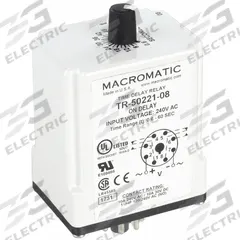 MACROMATIC Single Function Time Delay Relay: Socket Mounted, 240V AC, 10 A, 8 Pins/Terminals (MPN TR-50221-08). Key specifications — Brand: MACROMATIC.