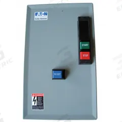 EATON IEC Magnetic Motor Starter: Non-Reversing, 3 Poles, Electronic Protection, 9 A, 208V AC (MPN ECX09C1EBA-R63/B). Key specifications — Brand: EATON; Pilot Lights Included: None; Auxiliary Contacts Included: 1NO/1NC.