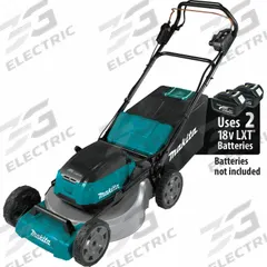 MAKITA Battery-Powered Lawn Mower: Self-Propelled, 21 in Cutting Wd, Variable Speed Settings, LXT® (MPN XML08Z). Key specifications — Run Time: Not Rated; Cutting Height Adjustment: Single-Point; Battery Platform: LXT®; Deck Material: Steel; Brand: MAKITA; Speed Settings: Variable; Power Source: Battery-Powered; Sound Level: Greater than 65 dB.