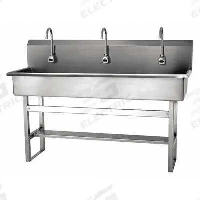 SANI-LAV Wash Station: 45 in Overall Ht, 57 in Bowl Lg, 8 in Bowl Dp, 0.5 gpm Flow Rate - Three-Station Freestanding Wash Stations with Faucets