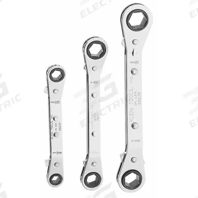 KLEIN TOOLS Box End Wrench Set: Alloy Steel, Chrome, 3 Tools - SAE, Double End, 6-Point, Ratcheting Box End Wrench Sets