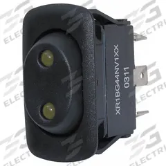 EATON Lighted Rocker Switch: 3 Positions, SPDT, On/Off/On, Green (MPN XR3EG33NV1XX). Key specifications — AC Contact Rating: 16 A @ 125 V; Horsepower: 3/4 hp @ 277 V; Operator Illumination: Illuminated; Terminal Connection Type: 0.25 in Quick Connect Tab; Includes Lens: Lens Included; Series: X; Displayed Brand: EATON; Manufacturer Part Number: XR3EG33NV1XX.