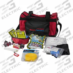 READY AMERICA Dog Emergency Kit: 25 Components, Duffel Bag, 1 People Served (MPN 77150). Key specifications — Rations Included: (3) 4.225 oz Water Pouches (5 Year Shelf Life); First Aid Supplies Included: Triple Antibiotic Ointment Packet; Housing Material: Fabric; Container Type: Duffel Bag; Hygiene Supplies Included: (3) Antiseptic Cleansing Wipes; PPE and Shelter Supplies Included: (2) 10 in Nitrile Gloves; Tools Included: Leash; Writing and Communication Supplies Included: Pet ID Tag.
