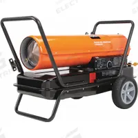 DAYTON Portable Oil and Kerosene Torpedo Heater: Wheeled Mounted, 5,000 sq ft Heating Area (MPN 3VE52). Key specifications — Key Features: Built-In Air Pressure Gauge; Portability: Wheeled Mounted; Brand: DAYTON; Tank Capacity/Hours on One Filling: 13 gal/8 hr; Overall Dimensions - H x L x D: 26-1/8 in x 41-7/8 in x 23-1/8 in.