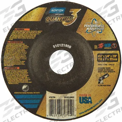 NORTON Depressed Center Grinding Wheel: Type 27, 4 1/2" x 1/4" x 7/8", Ceramic - Cool-Cutting Grinding Wheels for Carbon & Stainless Steel