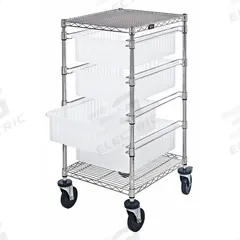 QUANTUM STORAGE SYSTEMS Bin Cart: 1,200 lb, 4 Bins/Tubs, 1 Shelves, Clear, Clear, 2 Usable Sides (MPN BC212434M1CL). Key specifications — Color: Clear; Includes: (2) Donut Bumpers; Caster/Wheel Configuration: (2) Rigid; Bin Color: Clear; Brand: QUANTUM STORAGE SYSTEMS.