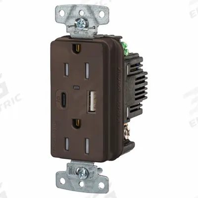 HUBBELL Receptacle: Duplex, 5-15R, 2 USB Ports, USB Type A/C, Brown, 125V AC - Weather-Resistant Receptacles with USB Chargers