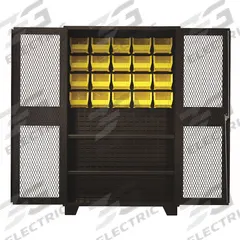 JAMCO Bin Cabinet: 48 in x 24 in 78 in, 2 Shelves, 20 Bins, Yellow, Ventilated, 14 ga Panel, Black (MPN DY248BL). Key specifications — Bin Color: Yellow; Bin HxWxD: (20) 7 in x 8-1/4 in x 11 in; Assembled: Assembled; Cabinet Style: Shelf and Bin; Brand: JAMCO; Cabinet Color: Black; Cabinet Finish: Powder Coated; Cabinet Material: Steel.