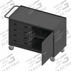 DURHAM MFG Mobile Cabinet Workbench: 48 in x 24 in, Steel, 1,200 lb Overall Load Capacity, Gray (MPN 3401NVS-5PU-95). Key specifications — Included Components: Handle on Side; Assembly: Fully Assembled; Brand: DURHAM MFG.