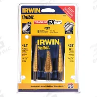 IRWIN Step Drill Bit Set: 3 Pc, 1/8" to 3/4", TiN-Coated HSS, 135° Point (MPN 15502). Key specifications — attr1239053: Not Impact Rated.