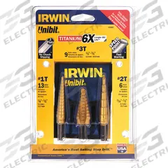 IRWIN Step Drill Bit Set: 3 Pc, 1/8" to 3/4", TiN-Coated HSS, 135° Point (MPN 15502). Key specifications — attr1239053: Not Impact Rated.