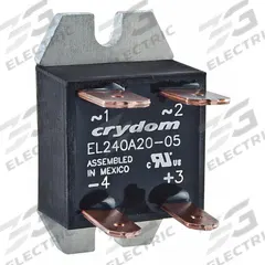 CRYDOM Solid State Relay: Surface Mounted, 10 A Max Output Current, SCR, AC Output (MPN EL240A10-05). Key specifications — Brand: CRYDOM; Current Type: DC; Electrical Connection: Quick-Connect; Finger Safe: No; Input Current: 21 mA; Maximum Output Current without Heat Sink: 9 A; Mounting Style: Panel; Output Voltage: 24 to 280V AC.