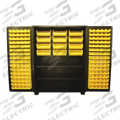 JAMCO Bin Cabinet: 60 in x 24 in 78 in, 2 Shelves, 172 Bins, Yellow, Flush, 14 ga Panel, Black (MPN DN260BL). Key specifications — Bin Color: Yellow; Bin HxWxD: (160) 3 in x 4-1/8 in x 7-1/2 in; Assembled: Assembled; Cabinet Style: Shelf and Bin; Brand: JAMCO; Cabinet Color: Black; Cabinet Finish: Powder Coated; Cabinet Material: Steel.