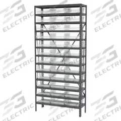 AKRO-MILS Bin Shelving: 36 in x 12 in x 79 in, 1 Sided, 36 Bins, Open, Shelf Bin, Clear, 13 Shelves (MPN AS1279170SC). Key specifications — Includes Bins: Yes; Bin Material: Polymer; Frame Color: Gray; Bin HxWxD: (36) 4 in x 11-1/8 in x 11-5/8 in; Frame Material: Steel; Bin Color: Clear; Bin Style: Shelf; Brand: AKRO-MILS.