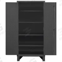 DURHAM MFG Pegboard Cabinet: 48 in x 24 in x 78 in, Swing Handle & Padlock Hasp, 12 ga Panel Thick (MPN HDCP244878-PB32-4S95). Key specifications — Cabinet Color: Gray; Method of Construction: Welded; Base Type: Legs; Assembled: Assembled; Mobility: Stationary; Adjustable Shelves: Adjustable; Cabinet Finish: Powder Coated; Cabinet Material: Steel.