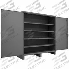 DURHAM MFG Storage Cabinet: 60 in x 24 in x 78 in, Swing Handle & Padlock Hasp, 12 ga Panel Thick (MPN HDC-246078-4S95). Key specifications — attr62698: Gray; attr62736: Welded; attr87895: Legs; attr62693: Assembled; attr62737: Stationary; attr62694: Adjustable; attr62695: Powder Coated; attr62696: Steel.