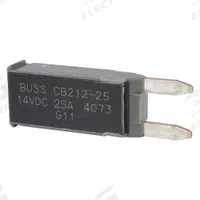 Automotive Circuit Breaker: CB212, 14V DC, 225 A at 14V DC, Blade (MPN CB212-25). Key specifications — Series: CB212; Voltage: 14V DC; Interrupt Rating: 225 A at 14V DC; Terminal Connection: Blade; Circuit Breaker Type: Type II Footprint Circuit Breaker; Brand: BUSSMANN.