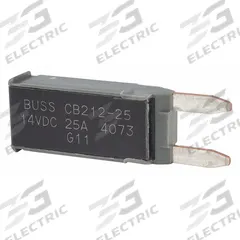 Automotive Circuit Breaker: CB212, 14V DC, 225 A at 14V DC, Blade (MPN CB212-25). Key specifications — Series: CB212; Voltage: 14V DC; Interrupt Rating: 225 A at 14V DC; Terminal Connection: Blade; Circuit Breaker Type: Type II Footprint Circuit Breaker; Brand: BUSSMANN.
