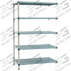 METRO Shelf Plastic Industrial Shelving (5): 18 in x 24 in, 74 in Overall Ht, 5 Shelves (MPN 5AQ317G3). Key specifications — Resistance Properties: Antimicrobial; Shelf Adjustment Type: Quick-Adjust; Frame Material: Steel; Shelving Material: Polymer; Brand: METRO.