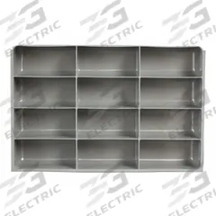 Compartment Drawer Insert: 18 in x 12 in x 3 in, 5 25/32 in x 2 27/32 in, 12 Compartments, Gray (MPN 124-95-12-IND). Key specifications — Color: Gray; Compartment HxWxD: (12) 5-25/32 in x 2-27/32 in; Removable Dividers: No; Compatible Manufacturer Model Number: 123-95; Brand: DURHAM MFG.