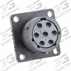 SOURIAU Electrical Connector: Trim Trio UTSX 14, Square Flange Receptacle, 7 Contacts, 12 A, 600V (MPN UTSX014D7S). Key specifications — Wire Size: 0.318 in to 0.405 in Socket Contact; Includes Contacts: Contacts Included; Contact Type: PCB; Brand: SOURIAU; Coupling Type: 1/3 Bayonet; IP Rating: IP68; Series: Trim Trio UTSX; Contact Gender: Female.