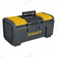 STANLEY Tool Box: 19 in W 11 in D 10 3/16 in H, Plastic, Black, Hinged Lid, Padlock, 3 Compartments (MPN STST19410). Key specifications — attr1116905: Black; attr1116917: Hinged; attr1116946: STANLEY; attr1116904: Padlock.