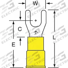 3M Fork Terminals: Yellow, Vinyl, #10 Stud Size, 12 AWG – 10 AWG Wire Range, Std Fork, 600 V (MPN MV10-10FK). Key specifications — Barrel Style: Brazed; Manufacturer Part Number: MV10-10FK; Brand: 3M; Series: MV10.