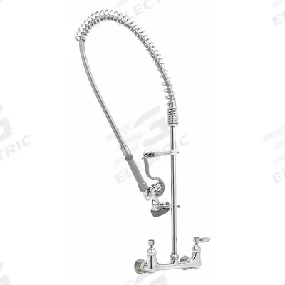 T&S BRASS Pre Rinse Faucet: Wall, Widespread, 2 Mounting Holes, Brass, Chrome - Pre-Rinse Faucets with Spray Spring Hose