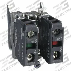 SCHNEIDER Contact Block: 22 mm Panel Mounting Size, 1NO/1NC, Momentary, ZB4 Series (MPN ZB4BZ105). Key specifications — Switch Action: Momentary; Terminal Connection Type: Screw Clamp Terminals; Brand: SCHNEIDER; Compatible with Series: ZB4.