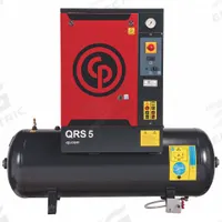 CHICAGO PNEUMATIC Rotary Screw Air Compressor: Horizontal, 5 hp, 16.6 cfm, 60 gal Tank, 230V AC (MPN QRS 5 HP). Key specifications — attr48606: Single; attr48593: 230V AC; attr48578: CHICAGO PNEUMATIC; attr110305: Not Included.