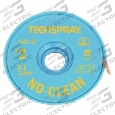 TECHSPRAY Desoldering Braid: No-Clean Flux, # 2, 0.055 in, 5 ft, Yellow - No-Clean Flux Desoldering Braids