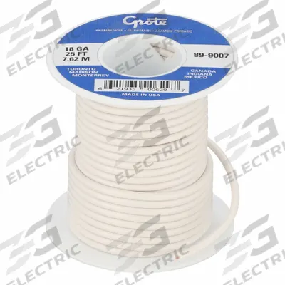 GROTE Primary Automotive Wire: GPT, 25 ft, 1 Conductor, 18 AWG, White - PVC-Insulated General Purpose Primary Wires