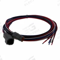 SPEED WIRING PRODUCTS Mini Connector: Deutsch DTM, 4 Poles, 72 in Wire Lead Lg, 7.5 A, 50V DC (MPN HF-04-7272). Key specifications — Wire Type: TXL Thin-Wall Cross-Linked Automotive Wire (SAE-J1128); Brand: SPEED WIRING PRODUCTS; Number of Poles: 4; Voltage Rating: 50V DC; Wire Jacket Material: Cross-Linked Polyethylene; Current Rating: 7.5 A; Wire Color: Black; Kit Contents - Description: (1) Receptacle with Male Contacts.