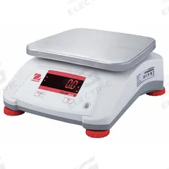 OHAUS Food Scale: 7 1/2 in Weighing Surface Dp, 9 1/2 in Weighing Surface Wd, 4 7/8 in Overall Ht (MPN V22PWE6T). Key specifications — Readability: 0.002 lb/1 g; Brand: OHAUS; IP Rating: IPX8.