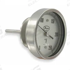 DWYER Sanitary Dial Thermometer: 0°F to 250°F, +/- 1% Accuracy, 3 in Dial Dia, 4.5 in Stem Lg (MPN BT15S34551). Key specifications — Accuracy: +/- 1%; Brand: DWYER.