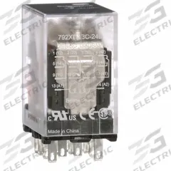 SCHNEIDER General Purpose Relay: Socket Mounted, 3 A Current Rating, 24V DC, 4PDT, 14 Pins/Terminals (MPN 792XDX3C-24D). Key specifications — Brand: SCHNEIDER; Base Type: Square; Mounting Style: Plug-In; Electrical Connection: Faston Connector; Manufacturer Part Number: 792XDX3C-24D; Operating Current: 3 A at 30V DC (Conforming to UL); Series: 792 Series.