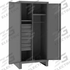 DURHAM MFG Storage Cabinet: 36 in x 24 in x 78 in, 3 Shelves, 7 Drawers, Swing Handle & Padlock Hasp (MPN HDWC243678-7M95). Key specifications — attr113683: (1) 18 in x 19-5/16 in; (2) 20-7/8 in x 15-9/16 in; attr113700: (2) Adjustable; (1) Fixed; attr113673: Legs; attr113674: Gray; attr113688: (7) 4 in x 11-3/16 in x 20-1/4 in; attr113685: Assembled.