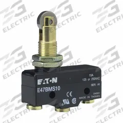 EATON Snap Action Switch: Roller Plunger Actuator, SPDT, Screw Terminals (MPN E47BMS10). Key specifications — AC Contact Rating: 15 A @ 250 V; Electrical Connection: Screw Terminals; Series: E47; Brand: EATON.